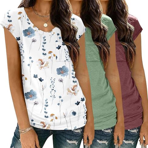 Zeagoo Womens 3 Pack Cap Sleeve T Shirts V Neck Basic Tees Tops with Pocket Fashion Trendy Casual Summer Outfits Clothes 2025 in Saudi Arabia