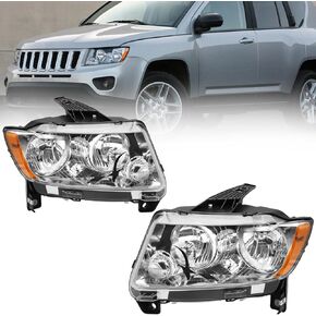 Headlights Assembly Fit for 2011 2012 2013 Jeep Grand Cherokee, 2011-2017 JEEP Compass, Left Driver Side and Right Passenger Side (White)