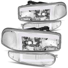 مصابيح أمامية LED DRL مزدوجة على شكل حرف F + مصابيح ممتصة للصدمات متوافقة مع 2001-2006 جي إم سي يوكون سييرا 1500 دينالي CAAP-DAN99-LB4-BKCL-HL
