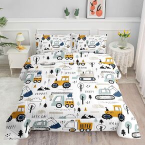 Kids Cartoon Excavator Bedding Comforter Sets for Boy and Girls,Construction Truck Bulldozer Tree Pattern Comforter Set with 2 Pillowcase and 1 Comforter(Excavator Full)
