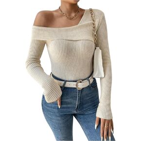 WDIRARA Women's One Shoulder Long Sleeve Knitted Top Asymmetrical Pullovers Top