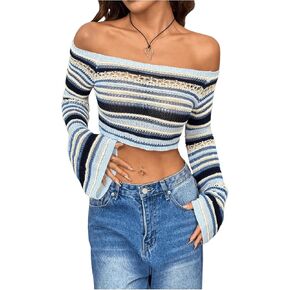 GORGLITTER Women's Off The Shoulder Crochet Sweater Bell Long Sleeve Color Block Crop Knit Tops