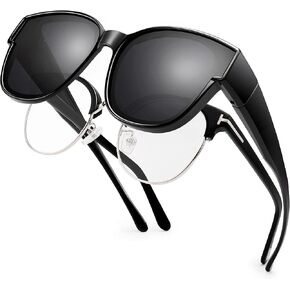 Over Glasses Sunglasses for Women Men, Polarized UV Protection, Large Round Cat Eye Oversized Solar Shield Fits Over