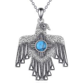 POPLYKE Thunderbird Necklace 925 Sterling Silver Zia Sun Symbol Turquoise Stone Western Jewelry New Mexico Gifts for Women