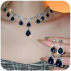 Bridal Blue Rhinestone Tassels Teardrop Choker Necklace with Earrings Set Bride Wedding Necklace Earrings Sets Crystal Choker Necklaces Tassel Dangle Earring Costume Prom Jewelry for Women