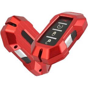 Jimen for Ram Key Fob Cover, Key Fob Case Compatible with Dodge Ram 1500 2500 3500 2018-2023, 4 Buttons Keyless Entry Smart Car Key Shell Cover Protector, Aluminum Alloy (Red)
