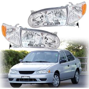 Driver & Passenger Side Chrome Housing Headlamps Headlight Assembly Replacement for 2001 2002 Corolla with Corner Signal Lamp