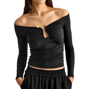 Womens Off The Shoulder Tops Sexy Long Sleeve Basic Shirts Going Out Cute Y2K Blouse Club Streetwear