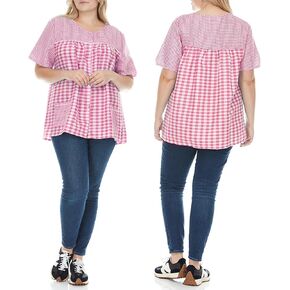 Ezi Women's Snap Front Short Sleeve Gingham Shift Seersucker Housecoat Apron Shirt