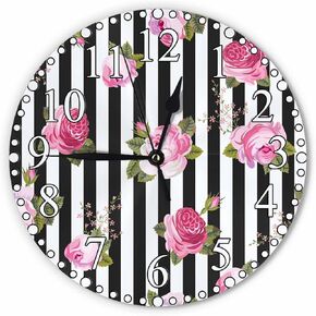 Pink Roses Wall Clock 10 Inch Battery Operated Flower Blossom Floral Stripe Clock Silent Non-Ticking Modern Clocks Decorative for Home Kitchen Living Room Bathroom Office