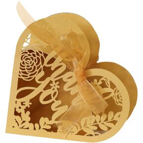 Surakey Pack of 50 Laser Cut Flower Favor Boxes Reflective Gold Rose Thank You Candy Containers in Pearl Paper Heart-Shaped Love Boxes for Wedding Bridal Shower Anniverary Party Favor (Red)