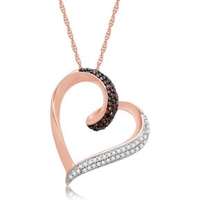 Jewelili 10K Rose Gold 1/6 Cttw Treated Cognac and Natural Round White Diamond Heart Pendant Necklace, 18" Rope Chain