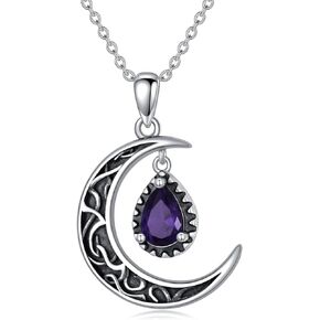 Crescent Moon Necklace Sterling Silver Emerald/Red/Purple/Black/Rainbow Topaz/Green/Aquamarine/Blue/Moss Agate Celtic Moon Teardrop Necklace Celtic Jewelry Gifts for Women Birthday
