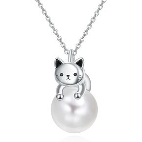 Dreamboat Cat Pearl Necklace for Women Cat Necklace 925 Sterling Silver Kitten Necklace Cat Pendant Cute Animals Necklace Cat Jewelry