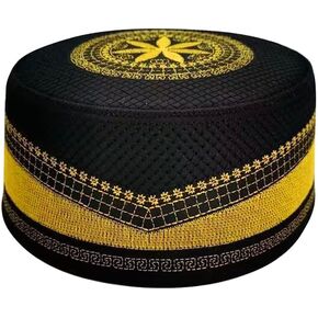 Muslim Prayer Kufi Hat for Men Islam Beanie Skull Cap Embroidered Topi Round Cap Headwear Ramadan Eid Gift(Yellow)