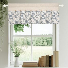 FUANGUI Linen Valances for Windows 42" W x 18" L Kitchen Curtains Window Valances, Farmhouse Curtains Pleated Color Block Design with Coconut Husk Button Detail