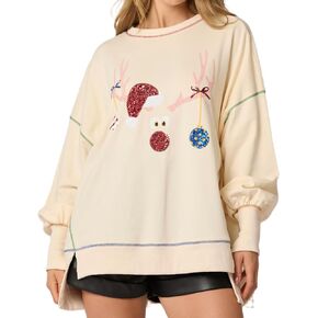 المرأة عيد ميلاد سعيد الترتر البلوز لطيف عيد الميلاد الجرافيك Crewneck سترة عطلة حفلة كم طويل قمصان الملابس
