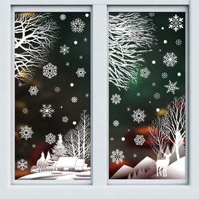 2 Sheets Christmas Window Clings, Christmas Window Stickers Xmas Tree Branch Elk Snowflake Window Clings for Window Decorations, Christmas Window Decals Snowflake Stickers for Home Office Party Decor