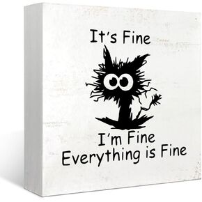 Mtrgdn Office Decor Wooden Box Sign,Office Desk Accessories,Its Fine Im Fine Everythings Fine ,Cat Decor, Office Decor for Women Man,Rustic Black Wood Block Plaque Box Sign for Home Office Desk Shelf Table Decoration Coworker Gift,Cat Lover Gifts