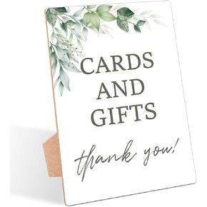 Greenery Baby Shower Table Sign, Cards and Gifts Sign, Pack of 1 Wooden Tabletop Sign with Stand, Green Baby Shower Supplies, Gender Reveal Party Decorations - RG16
