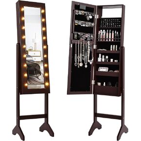 LDAILY Standing Jewelry Armoire with 18 LED Lights, Mirrored Jewelry Cabinet for Necklaces, Earrings, Full Length Mirror with Large Jewelry Storage, Jewelry Organizer for Women Girls (Black)