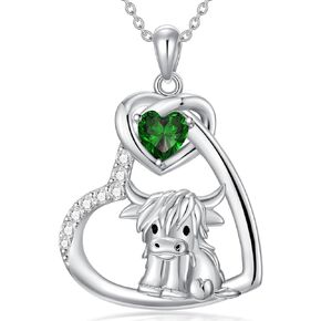Highland Cow Necklace 925 Sterling Silver Scotland Cow Pendant Cow Heart Necklace Western Jewelry Gifts for Women Girls Mom Daughter Cow Lover