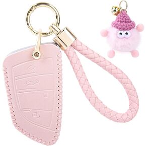 Key Fob Cover with Pom Pom Fluffy Ball, PU Leather Key Fob Shell Compatible with 2 5 6 7 Series X1 X2 X3 X5 X6 X7 Key Fob Case Holder Car Key Protector (Pink)