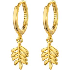 Cute Leaf Charm Small Hoop Earrings for Women Teen Girls Cartilage Hypoallergenic Nickel Free Dainty Minimalist 925 Sterling Silver Post14K Gold Plated Feather Short Dangle Drop Cuff Piercing Hinged Huggie Hoops Fashion Jewelry Gifts