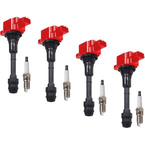 ENA Set of 4 Red Ignition Coils & Platinum Spark Plugs Pack 2.5 L4 Compatible with Nissan 2002 2003 2004 2005 2006 Sentra Altima 2.5L 2005 2006 XTrail Coils Plugs Replacement for UF350 224488H310 6240