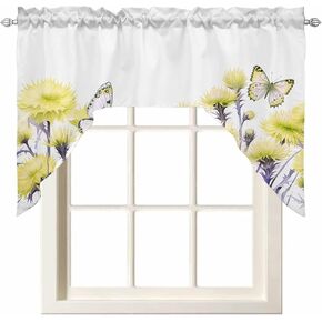 Spring Butterfly Floral Swag Valances for Kitchen Window, Rod Pocket Swag Curtains Drapes for Bedroom Bathroom Over Sink Yellow Daisy Flowers Summer Botanical Window Treatment Valances, 56x36 Inch