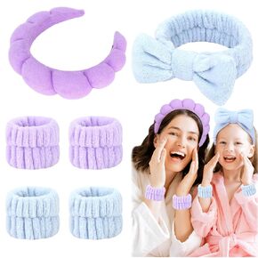 6 Pcs Puffy Terry Cloth Headbands and Wristbands for Skincare, Shower, and Makeup Removal