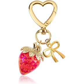 LAEKOU Cute Strawberry Keychain for Women, Bow Girls Bag Charms Key Chain Accessories, Heart Keychains Decor for Purse Backpack