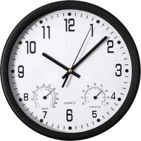 Clockswise 12-inch Non-Ticking Quartz Wall Clock with Thermometer & Hygrometer - Battery Operated Plastic Analog Clock for Temperature & Humidity Monitoring - Ideal for Home, Office or School, Black