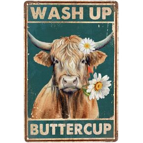 Highland Cow Vintage Metal Poster Wash Up Buttercup Sign Decor-Retro Funny Cow Wall Art Metal Tin Sign Bathroom Home Hanging Decor Funny Toilet Metal Sign Bathroom Wall Art, 12''x 8''
