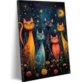 Whimsical Cat Canvas Wall Art Colorful Cats Mystical Night Sky Wall Decor Pictures Folk Art Posters Prints for Bedroom Apartment Dorm Home Decoration,12x16in