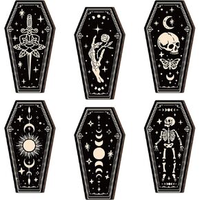 BBTO 6 Pcs Boho Skull Wall Decor Moon Stars Sun Wall Decor Hanging Gothic Wooden Minimalist Wall Pediments for Home Bedroom Living Room Farmhouse Bathroom Decorations