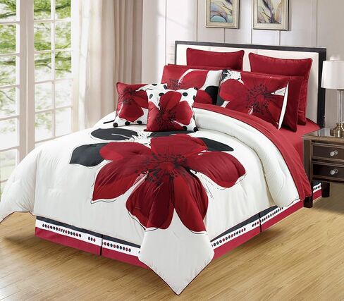 مجموعة ستائر زهور الكركديه الحديثة باللون العنابي والأحمر والأسود والأبيض من Grand Linen مقاس 120 بوصة عرض × 84 بوصة طول (قطعتان من ألواح مقاس 58 بوصة × 84 بوصة) in Kuwait