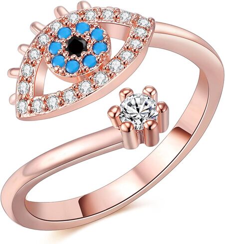 Evil Eye Ring, Lucky Blue Evil Eye Ring Cubic Zirconia Adjustable Wrap Open Ring Blue Eye Rings for Women in Kuwait
