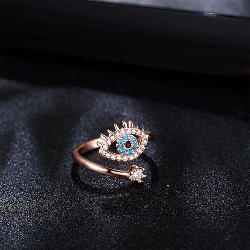 Evil Eye Ring, Lucky Blue Evil Eye Ring Cubic Zirconia Adjustable Wrap Open Ring Blue Eye Rings for Women in Kuwait