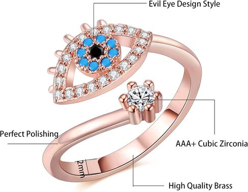 Evil Eye Ring, Lucky Blue Evil Eye Ring Cubic Zirconia Adjustable Wrap Open Ring Blue Eye Rings for Women in Kuwait
