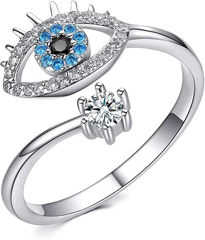Evil Eye Ring, Lucky Blue Evil Eye Ring Cubic Zirconia Adjustable Wrap Open Ring Blue Eye Rings for Women in Kuwait