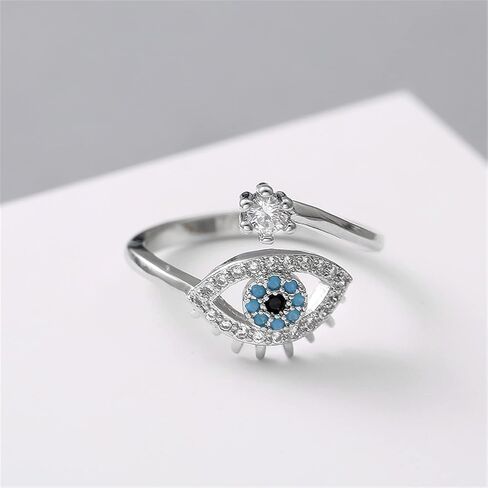 Evil Eye Ring, Lucky Blue Evil Eye Ring Cubic Zirconia Adjustable Wrap Open Ring Blue Eye Rings for Women in Kuwait