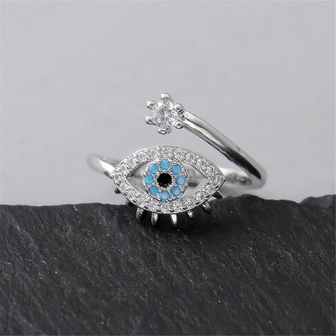 Evil Eye Ring, Lucky Blue Evil Eye Ring Cubic Zirconia Adjustable Wrap Open Ring Blue Eye Rings for Women in Kuwait