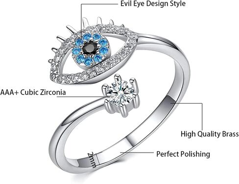 Evil Eye Ring, Lucky Blue Evil Eye Ring Cubic Zirconia Adjustable Wrap Open Ring Blue Eye Rings for Women in Kuwait