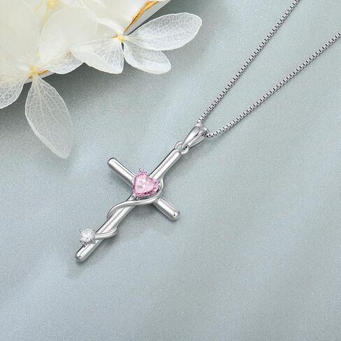 925 Sterling Silver Cross&Heart Necklace for Womens, Heart Cut Birthstone Pendant Christian Jewelry for Women in Saudi Arabia