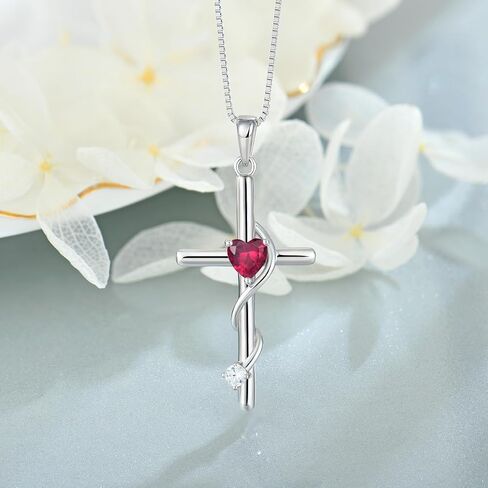 925 Sterling Silver Cross&Heart Necklace for Womens, Heart Cut Birthstone Pendant Christian Jewelry for Women in Saudi Arabia