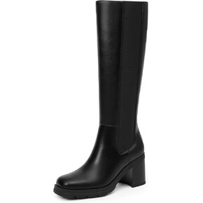 Knee High Boots Women Chelsea Platform Chunky Boots Slip on Faux Leather Square Toe Fall Long Tall Boots for Women
