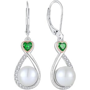 Heart Birthstone Pearl Earrings, 925 Sterling Silver Infinity Dangle Drop Leverback Earrings, 9mm Freshwater Cultured Pearl & 4mm Gemstone Jewelry Valentine's Day Gift for Women