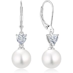Pearl Earrings for Women 925 Sterling Silver 5A Cubic Zirconia Heart Birthstone Dangle Drop Leveback Earrings Jewelry Valentine's Day Anniversaries Birthday Gifts for Her