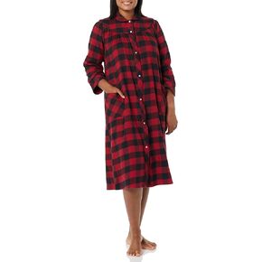AmeriMark Women's Flannel Calf Length Snap Front Duster House Coat – Plush Bath Robe – Loose Plaid Bathrobe ¾ Sleeves